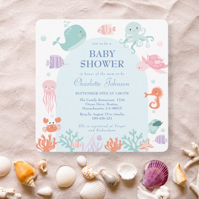 Invitación Cute Pastel Ocean Friends Blue Baby Shower (Subido por el creador)