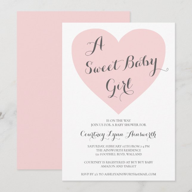 Invitación Cute Pastel Rosa Corazón dulce Bebé Baby Shower (Anverso / Reverso)