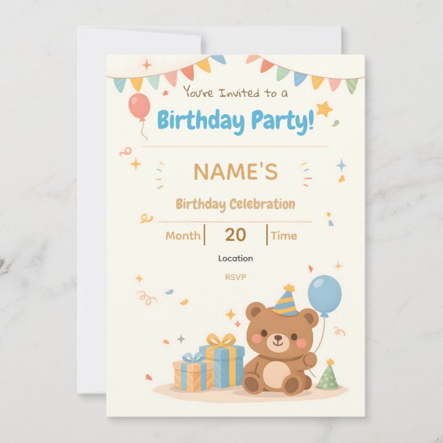 Invitación Cute Pastel Teddy Bear Kids Birthday Invitation (Anverso)