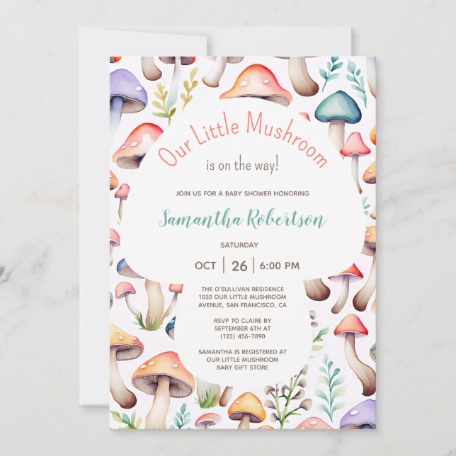 Invitación Cute Pastel Watercolor Mushroom Baby Shower (Anverso)