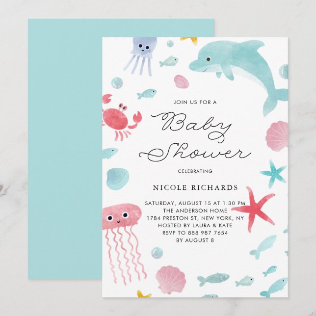 Invitación Cute Pastel Watercolor Under Sea Baby Shower (Anverso / Reverso)