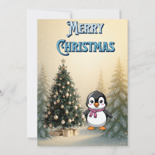 Invitación Cute Penguin & Christmas Tree Flat Holiday Card