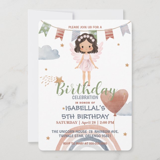 Invitación Cute pequeño ángel afro chicas Balón Cumpleaños (Anverso)