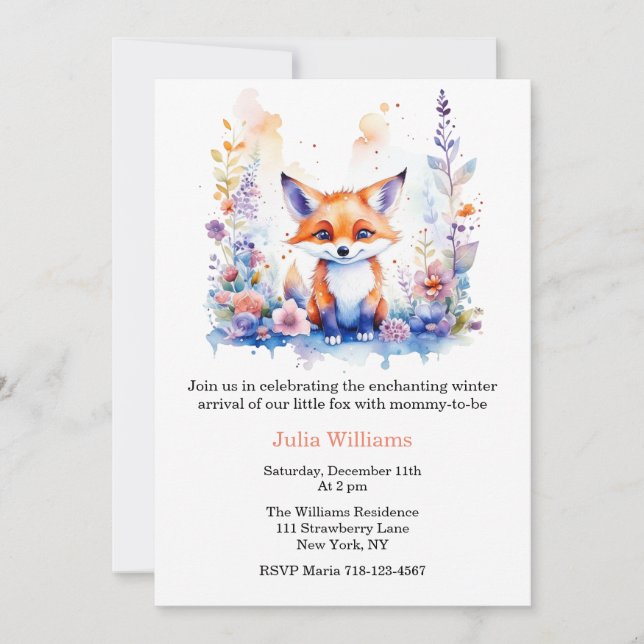 INVITACIÓN CUTE PEQUEÑO FLUFFY BEBÉ FOX FLORAL BABY SHOWER (Anverso)
