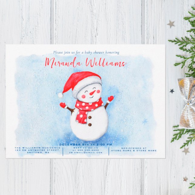 Invitación Cute pequeño Snowman acuarela Invernal ducha bebé (I wish you happiness!!!)