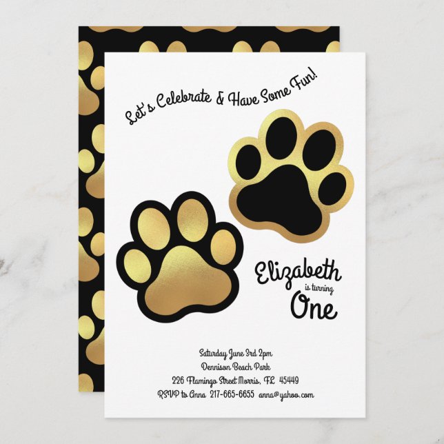 Invitación Cute Perro Paw Imprimir Niños Primer Cumpleaños Or (Anverso / Reverso)