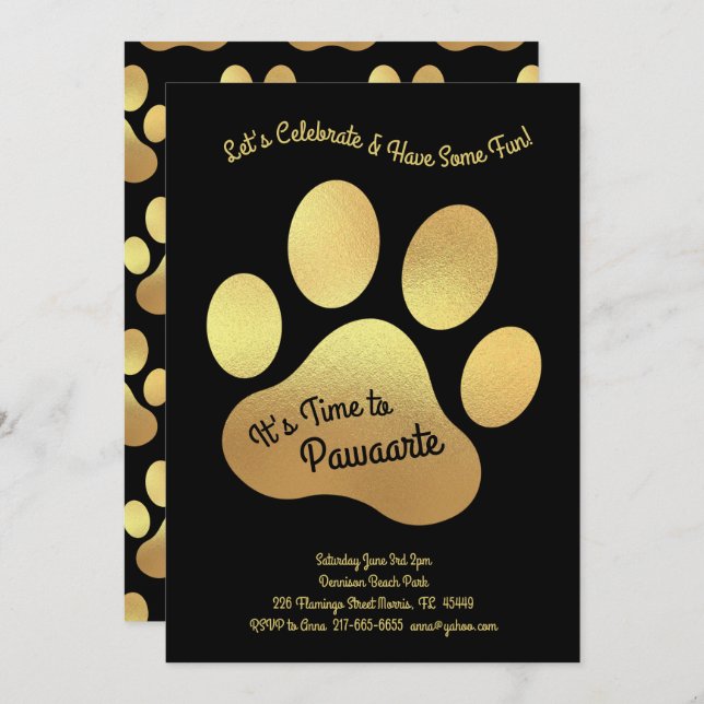 Invitación Cute Perro Paw Imprimir Niños Primer Cumpleaños Or (Anverso / Reverso)