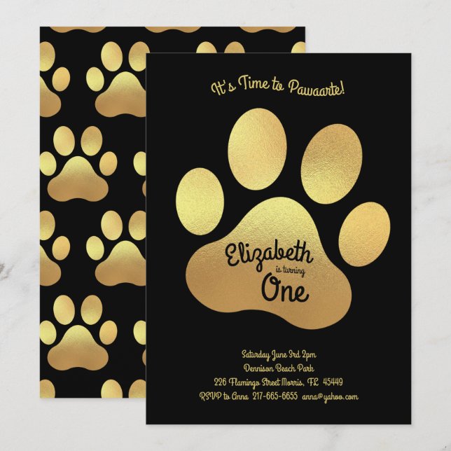 Invitación Cute Perro Paw Imprimir Niños Primer Cumpleaños Or (Anverso / Reverso)