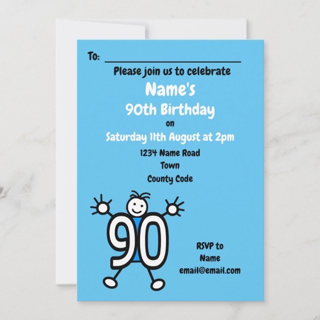 Invitación Cute Personalizado Male Blue 90 cumpleaños (Anverso)