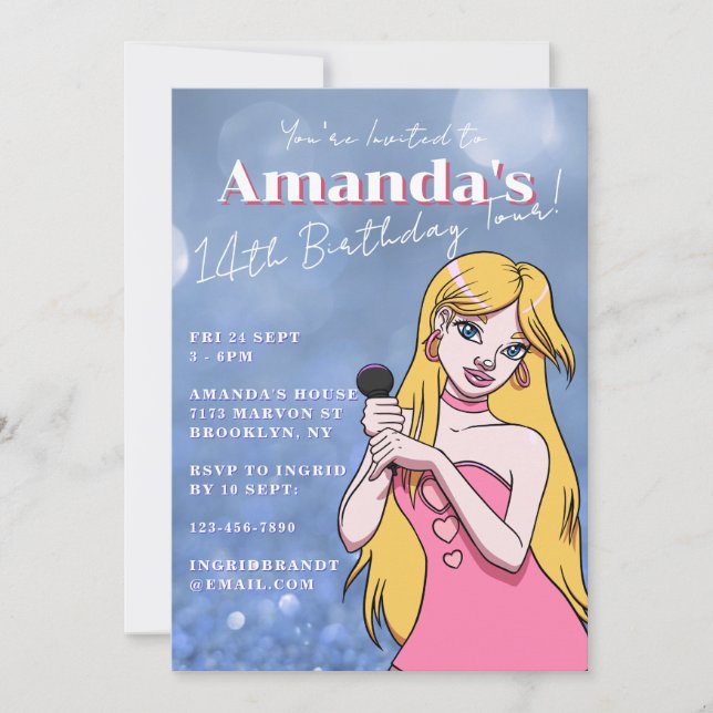 Invitación Cute Personalizado Pop Music Blue 14 cumpleaños (Anverso)