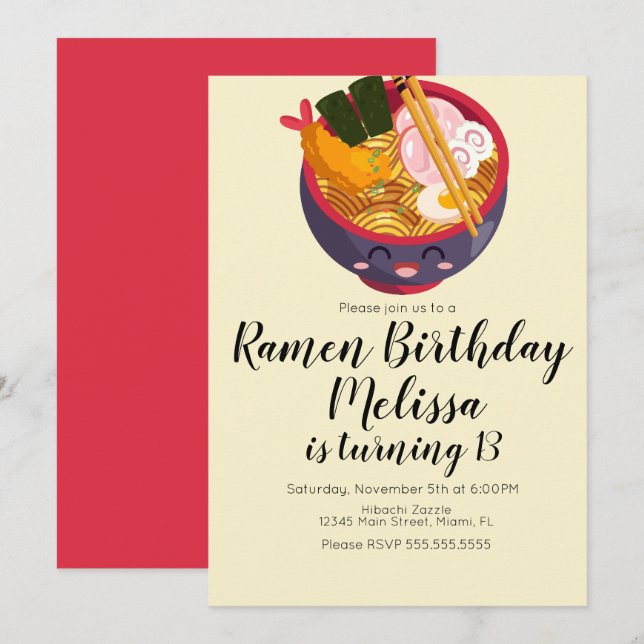 Invitación Cute Pho Oriental Ramen Cena de Cumpleaños Morado  (Anverso / Reverso)