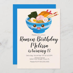 Invitación Cute Pho Oriental Ramen Cumpleaños Cena Azul