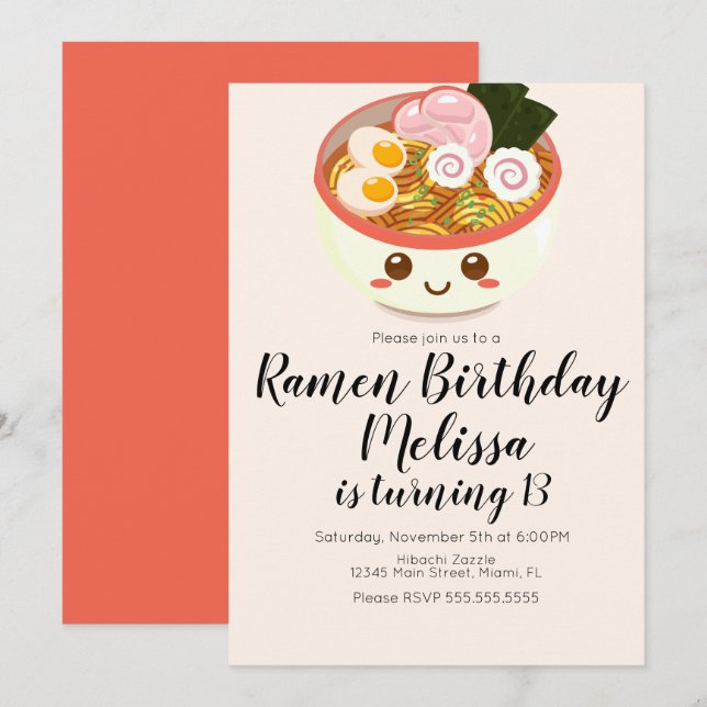 Invitación Cute Pho Oriental Ramen Cumpleaños Cena B (Anverso / Reverso)
