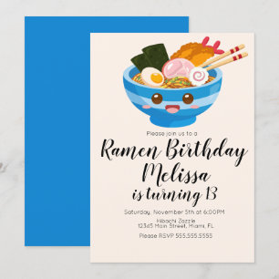 Invitación Cute Pho Ramen Oriental de Cumpleaños Cena Azul