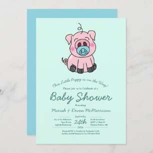 Invitación Cute Pig Baby Shower Kawaii Blue Boy