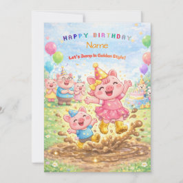 Invitación Cute Pig Golden Boots Muddy Puddle Party Kids