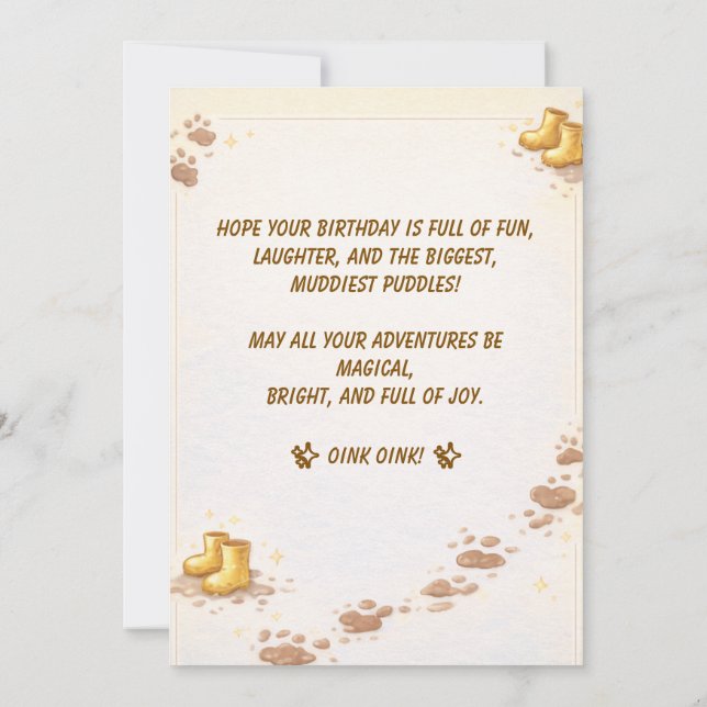 Invitación Cute Pig Golden Boots Muddy Puddle Party Kids (Reverso)