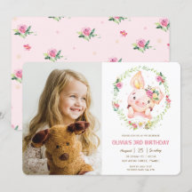 Cute Piggy Pink Floral Greeneration Birthday Photo