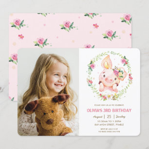 Invitación Cute Piggy Pink Floral Greeneration Birthday Photo