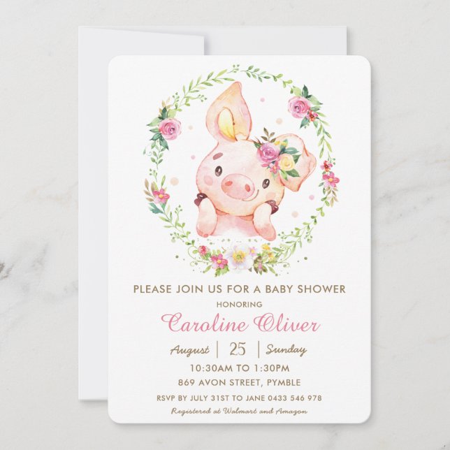 Invitación Cute Piggy Pink Floral Greeneration Wreath Baby Sh (Anverso)