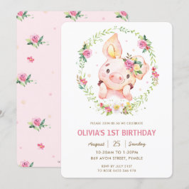 Invitación Cute Piggy Pink Floral Greeneration Wreath Cumplea
