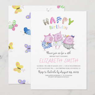 Invitación Cute Pigs Happy Birday Fiesta
