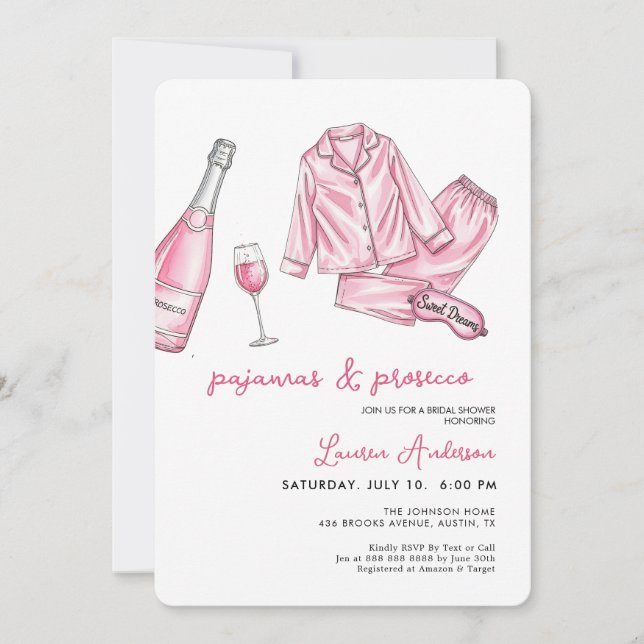 Invitación Cute pijamas y Prosecco ducha de novias (Anverso)