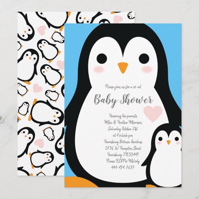 Invitación Cute pingüino Baby Shower Blue Boy (Anverso / Reverso)