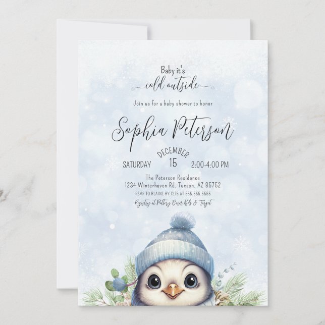 Invitación Cute pingüino Blue Boy Winter Baby Shower (Anverso)
