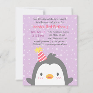 Invitación Cute Pingüino Diciembre Fiesta de Cumpleaños Púrpu