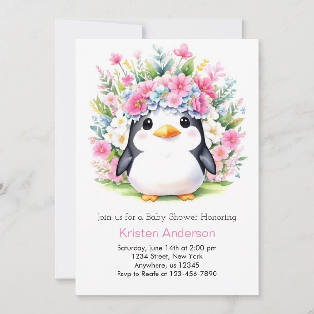 Invitación Cute Pingüino Floral Rosa Wonderland Baby Shower (Anverso)