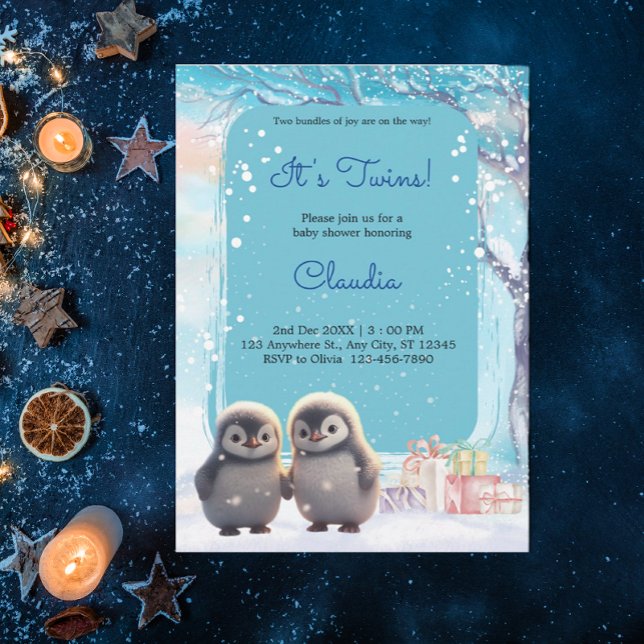 Invitación Cute pingüinos gemelos Winter Blue Baby Shower (Subido por el creador)