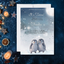 Invitación Cute pingüinos invierno Blue Snow Twins Baby Showe