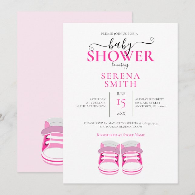 Invitación Cute PINK Baby Shoes BABY SHOWER (Anverso / Reverso)