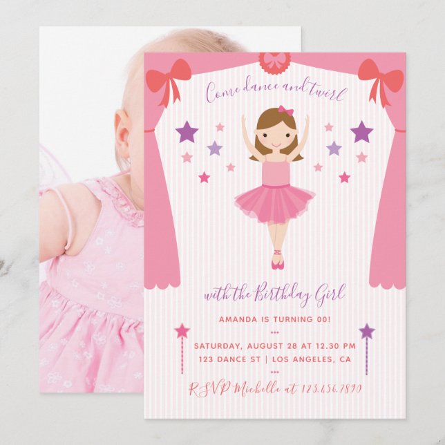 Invitación Cute Pink Ballerina Cumpleaños agregar foto Invita (Anverso / Reverso)