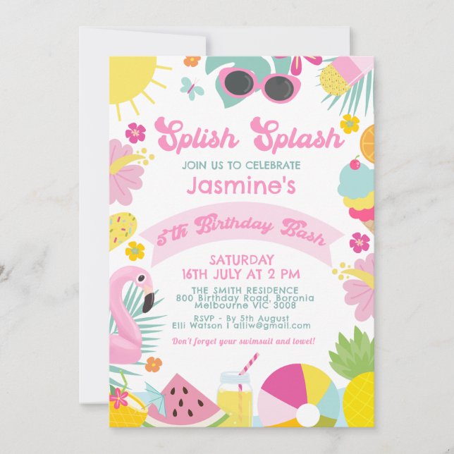 Invitación Cute Pink Banner Retro Splish Splash 5th Birthday (Anverso)