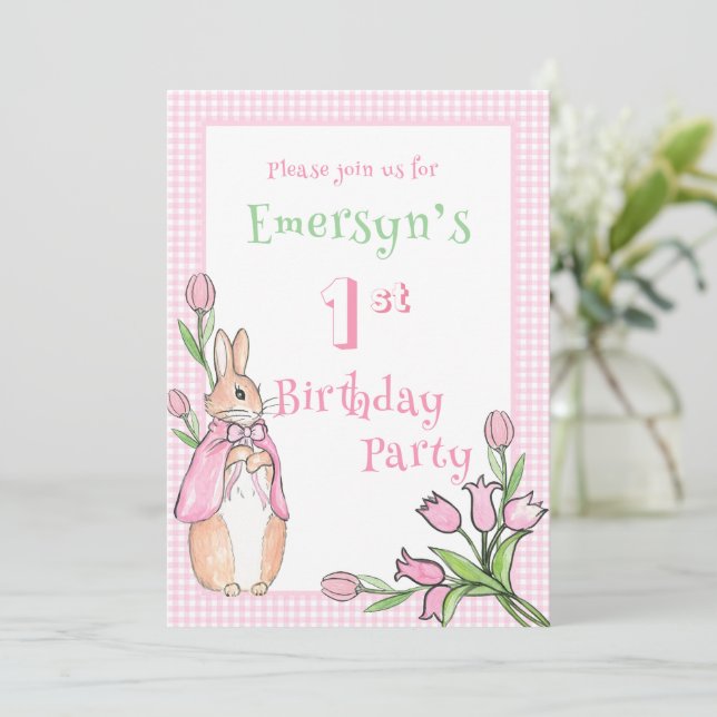 Invitación Cute Pink Beatrix Potter Primera Fiesta de Cumplea (Anverso de pie)
