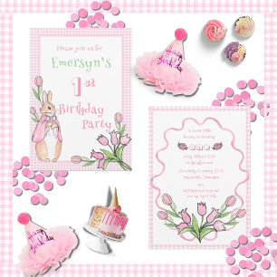 Invitación Cute Pink Beatrix Potter Primera Fiesta de Cumplea