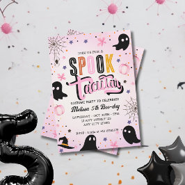 Invitación Cute Pink Black Spooktacular Halloween Birthday 