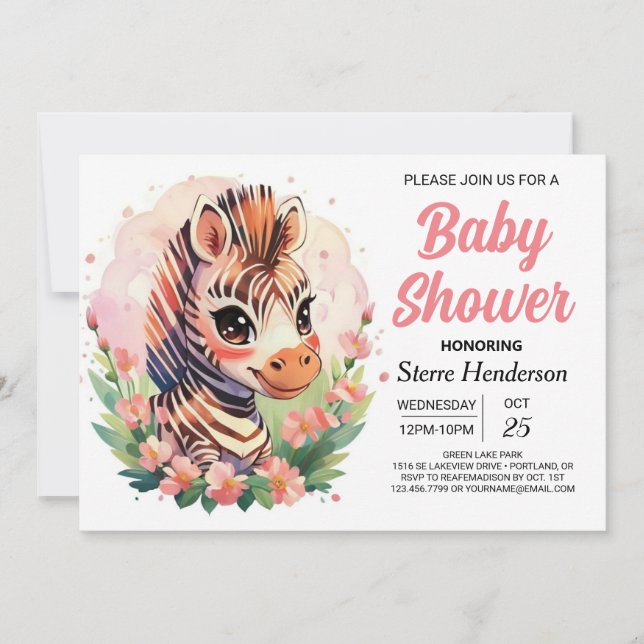 Invitación Cute Pink Boho Zebra Baby Shower (Anverso)