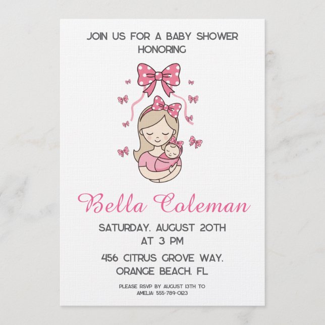 Invitación cute pink bow baby shower invitation (Anverso)