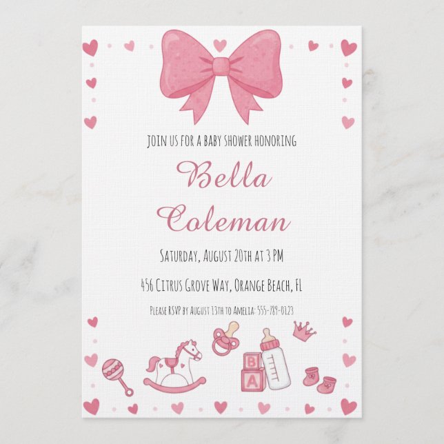 Invitación cute pink bow baby shower invitation (Anverso)