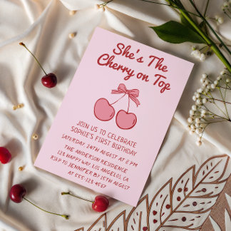 Invitación Cute Pink Bow Cherry on Top First Birthday