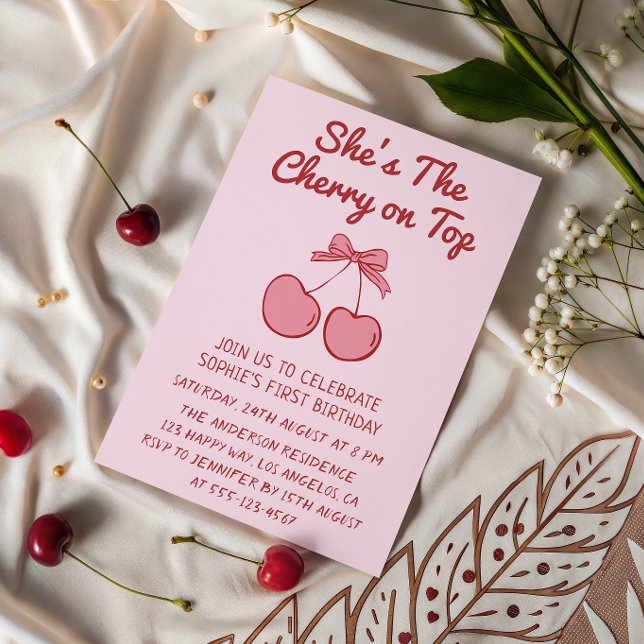 Invitación Cute Pink Bow Cherry on Top First Birthday (Subido por el creador)