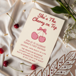 Invitación Cute Pink Bow Cherry on Top First Birthday