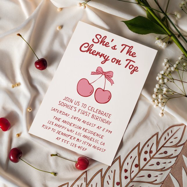 Invitación Cute Pink Bow Cherry on Top First Birthday (Subido por el creador)