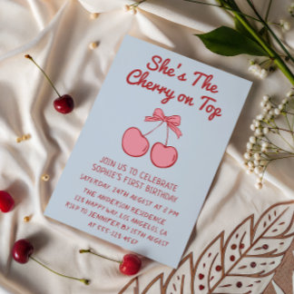 Invitación Cute Pink Bow Cherry on Top First Birthday