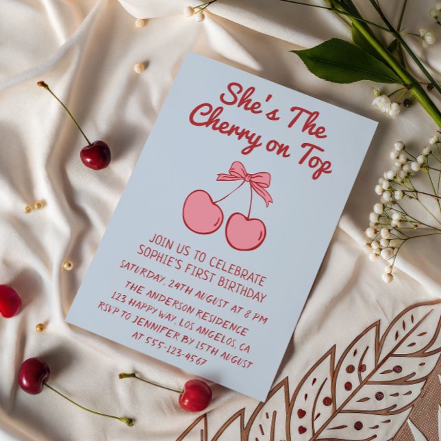 Invitación Cute Pink Bow Cherry on Top First Birthday (Subido por el creador)