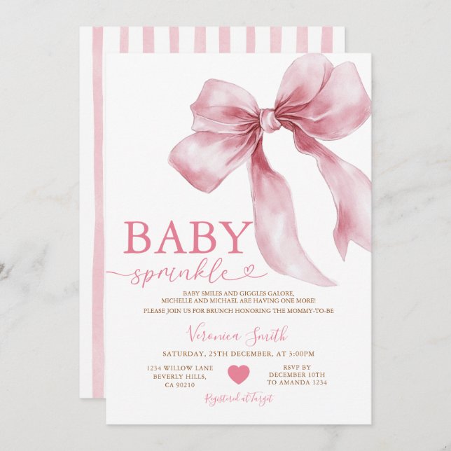Invitación Cute Pink Bow Coquette Baby Sprinkle Baby Shower (Anverso / Reverso)