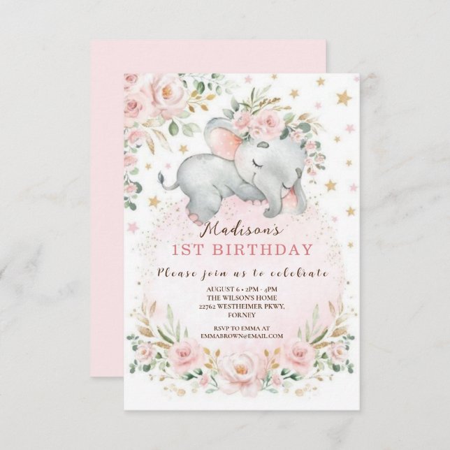 Invitación Cute Pink Bow Coquette primer cumpleaños (Anverso / Reverso)